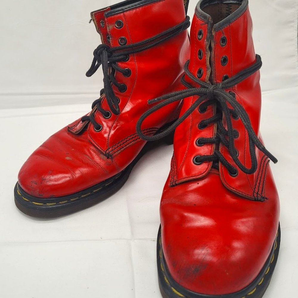 Vintage 1990's Dr. Marten 1460 8-hole Laceups, Red. Moderately worn.
